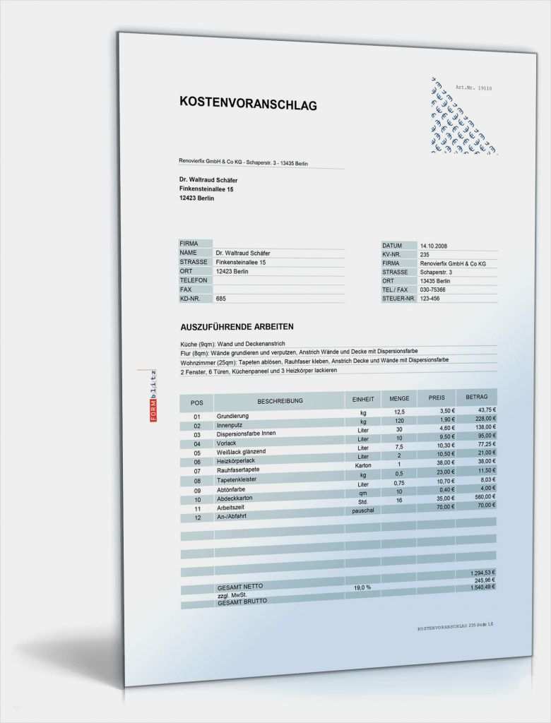 Anfrage Angebot Vorlage Cool Kostenvoranschlag Maler Und Lackierarbeiten