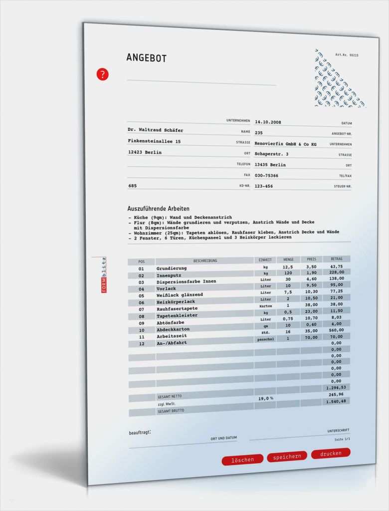 Angebot Vorlage Excel Elegant Angebot Malerbetrieb
