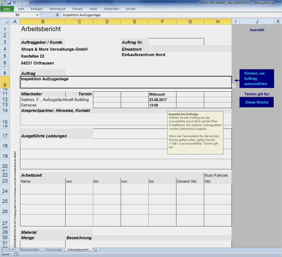 Arbeitsbericht Vorlage Excel Neu Mitarbeiter Einsatzplanung Gebäude Und Anlagenservice ...