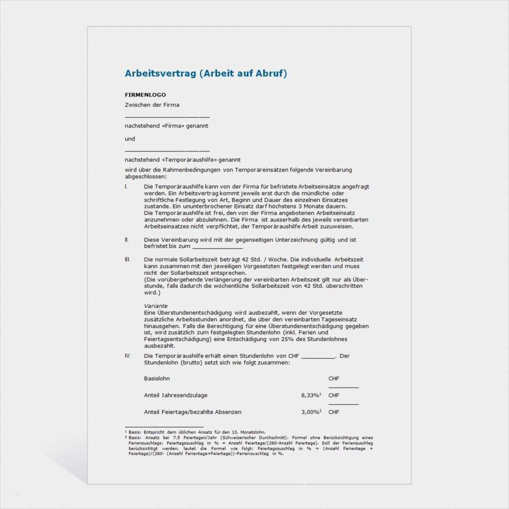 Arbeitsvertrag Teilzeit Vorlage Großartig Muster Arbeitsvertrag Arbeit Auf Abruf
