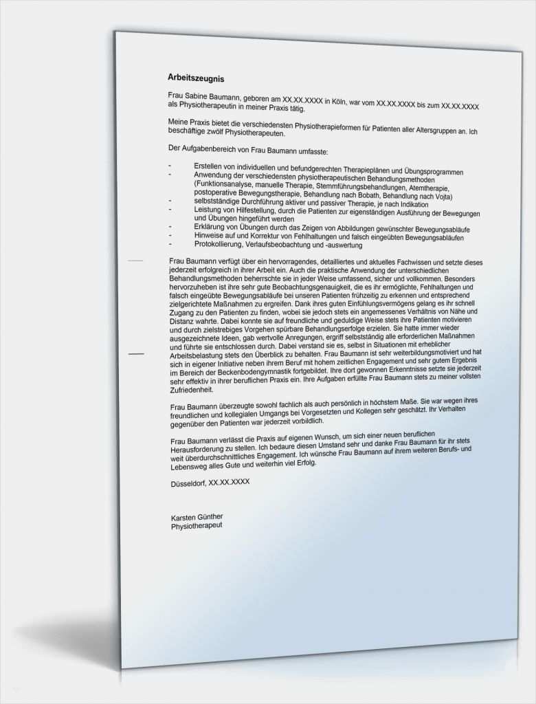 Arbeitszeugnis Vorlage Pädagoge Angenehm Arbeitszeugnis Physiotherapeut Note Eins