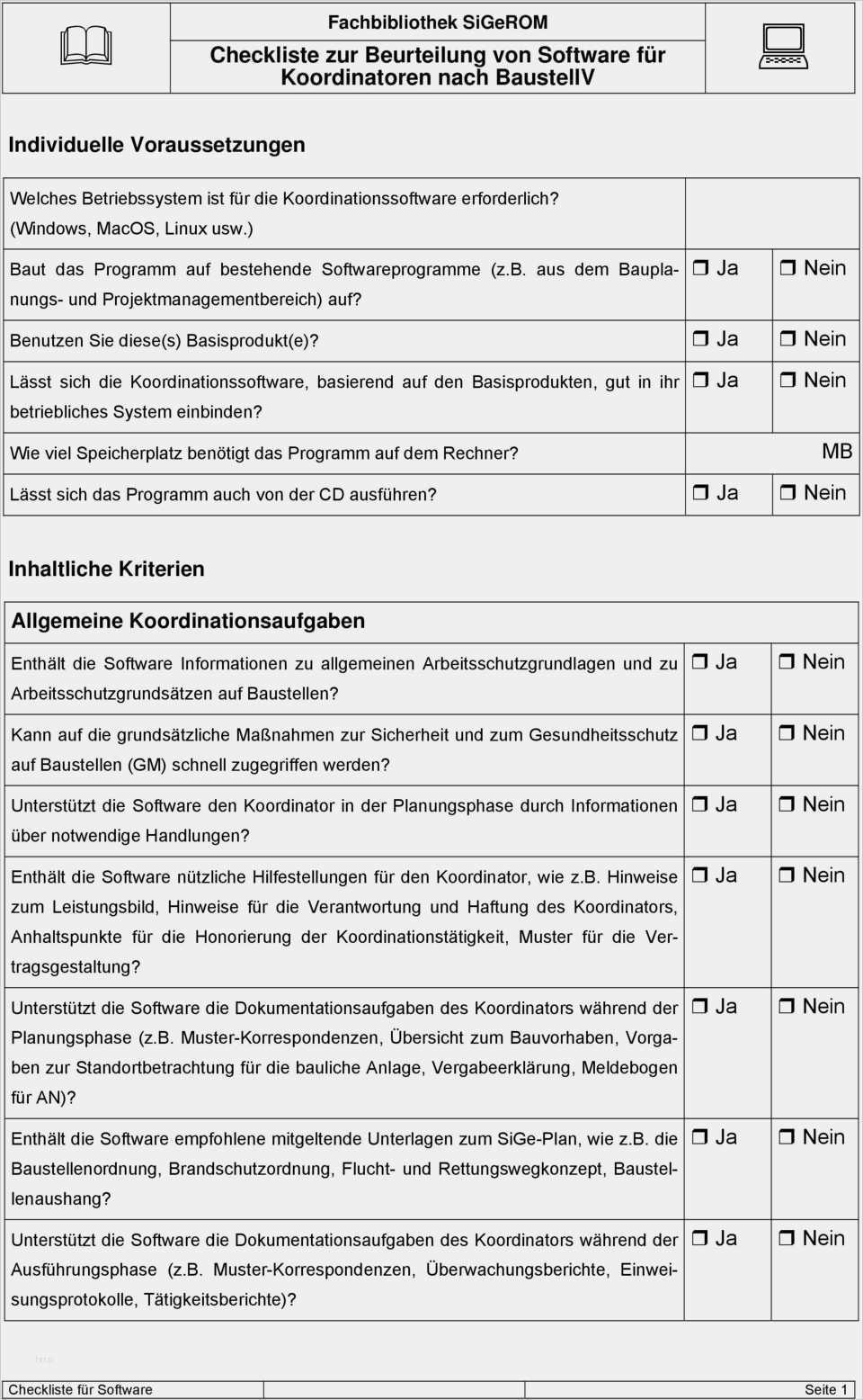 Baustellenordnung Vorlage Erstaunlich Checkliste Zur Beurteilung Von software Für Koordinatoren