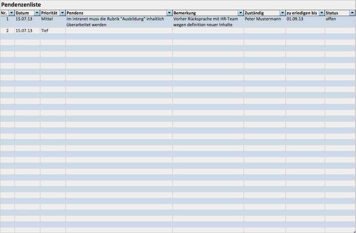 Besprechungsprotokoll Vorlage Kostenlos Süß Pendenzenliste Excel Vorlage