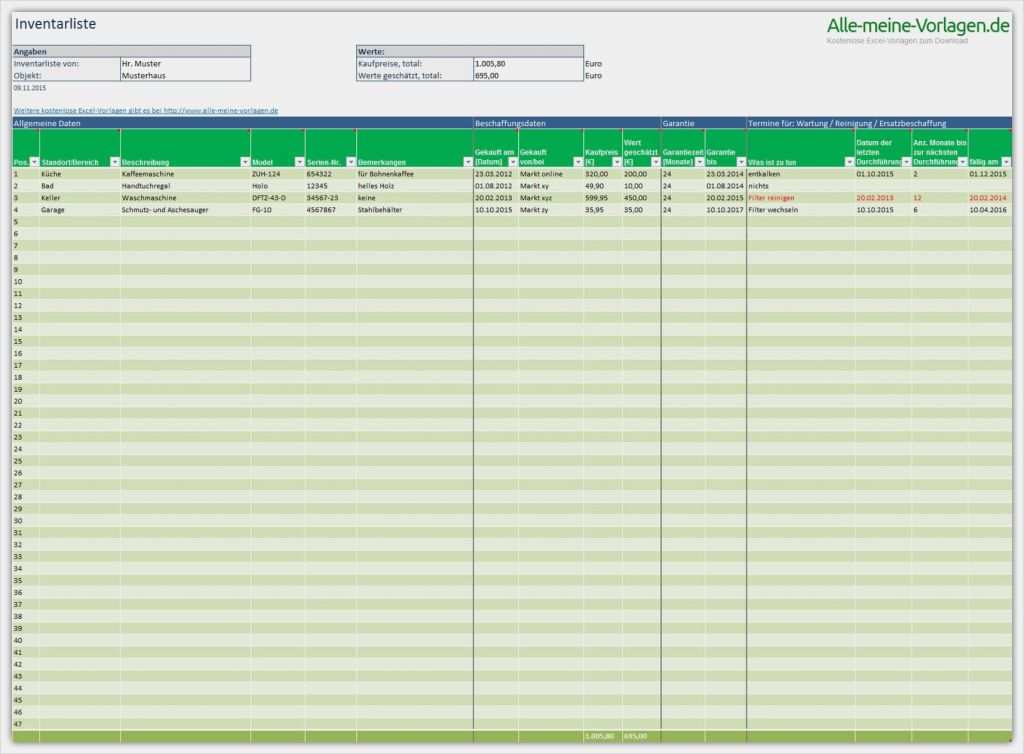 Excel Vorlage Inventur Großartig Inventarliste ...