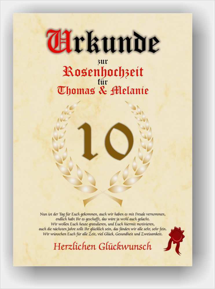 Rosenhochzeit Urkunde zum 10 Hochzeitstag Geschenkidee