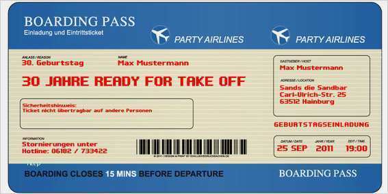 Geburtstagseinladung Boarding Pass Vorlage Bewundernswert Einladungskarten Als Flugticket Zum Geburtstag Ticket