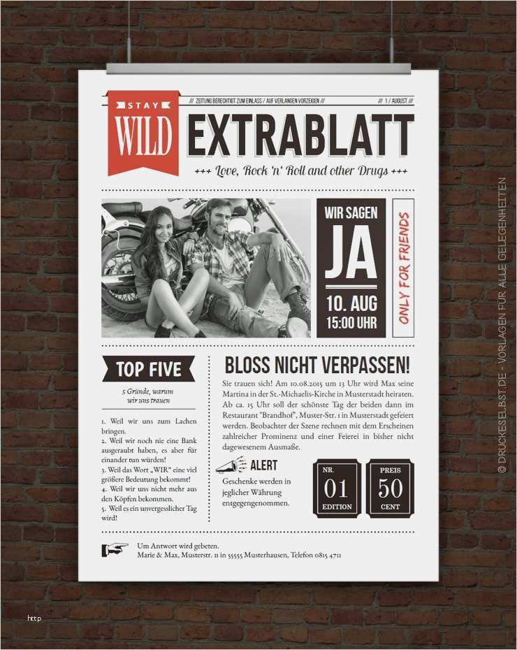 Geburtstagszeitung Vorlage Kostenlos Wunderbar Drucke Selbst originelle Hochzeitseinladung