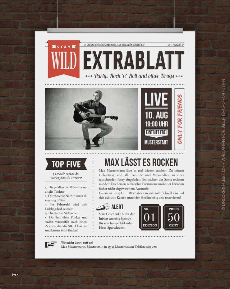 Geburtstagszeitung Vorlage Word Luxus Drucke Selbst Einladung Rock N Roll