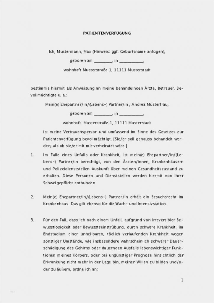 Patientenverfügung Vorlage Pdf Gut Patientenverfügung Muster Zum Download