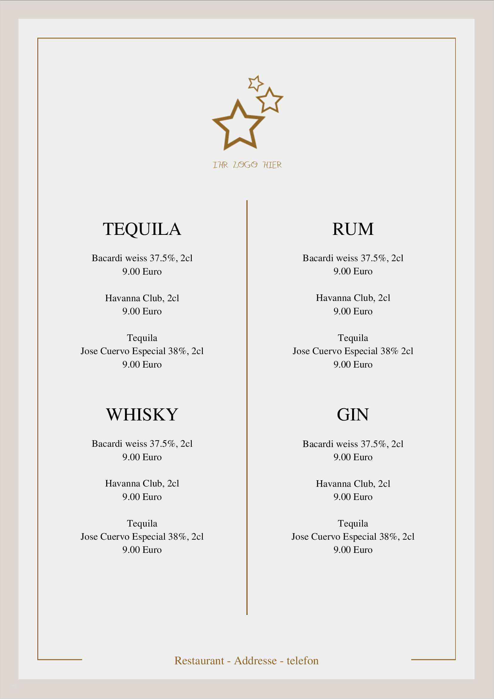Preisliste Vorlage Word Wunderbar Speisekarten Und Menükarten Ihre Bar Und Getränkekarten