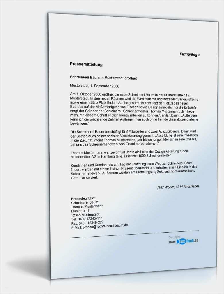 Pressemitteilung Muster Vorlage Genial Pressemitteilung Zur Eröffnung Eines Handwerksbetriebes