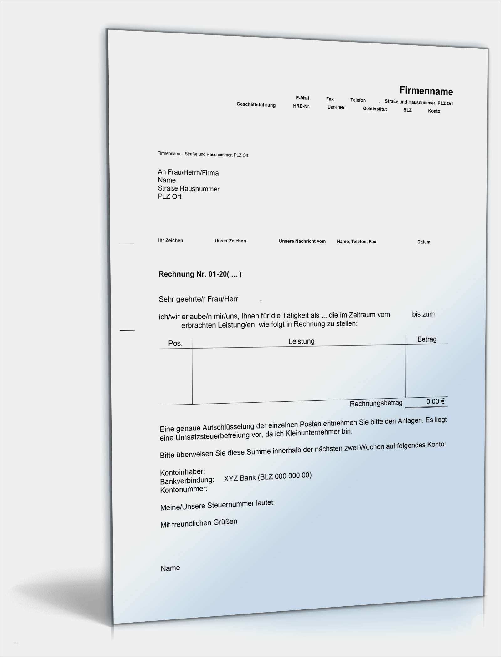 Rechnung Kleinunternehmer Vorlage Word Angenehm Rechnung Selbstständige Tätigkeit Kleinunternehmer