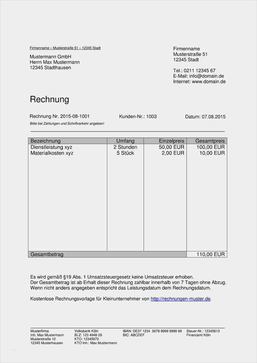 Rechnung Kleinunternehmer Vorlage Word Erstaunlich Kleinunternehmer Rechnung Rechnungsvorlagen Für