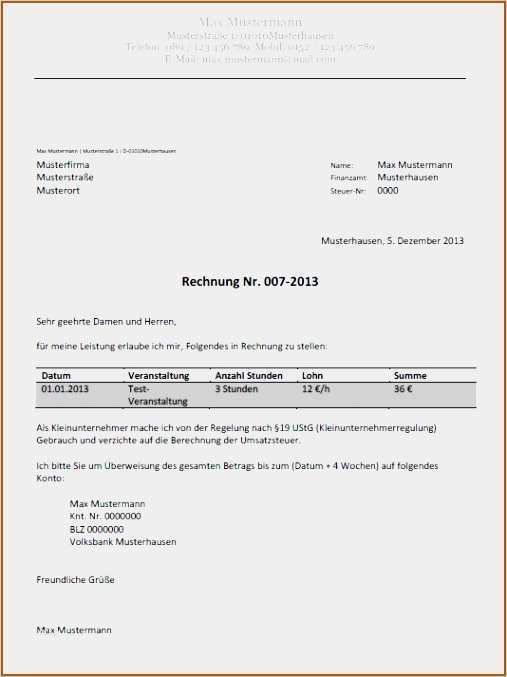 Rechnung Kleinunternehmer Vorlage Word Wunderbar 10 Rechnung Schreiben Vorlage Freiberufler Vorlagen123