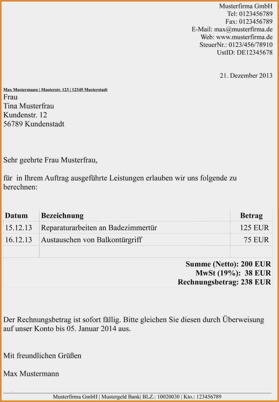 Schadensersatz Rechnung Vorlage Fabelhaft 13 Rechnung Bar Erhalten Muster