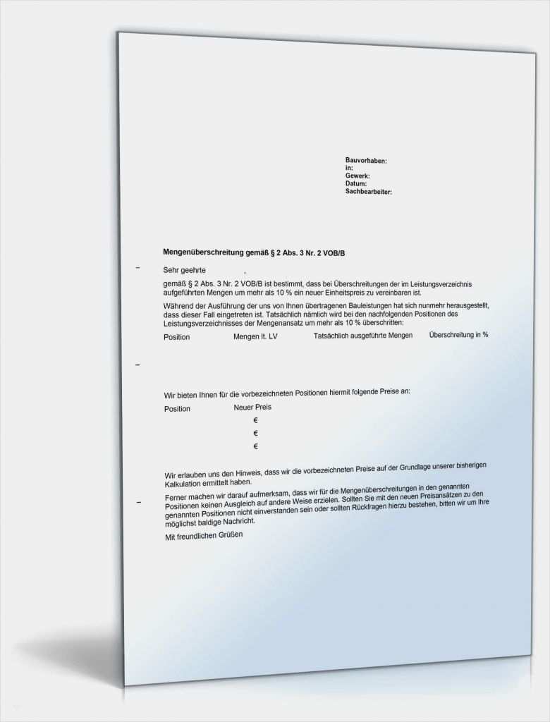 Subunternehmervertrag Bau Vorlage Gut Musterbrief Preisanpassung Bei Mengenüberschreitung Nach Vob