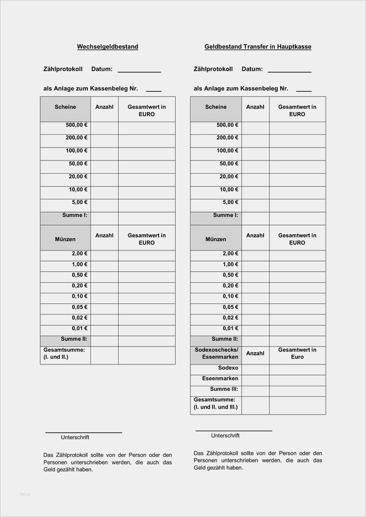 Tagesabrechnung Kasse Vorlage Erstaunlich Muster Zählprotokoll Kasse Mit Schecks Und Essenmarken