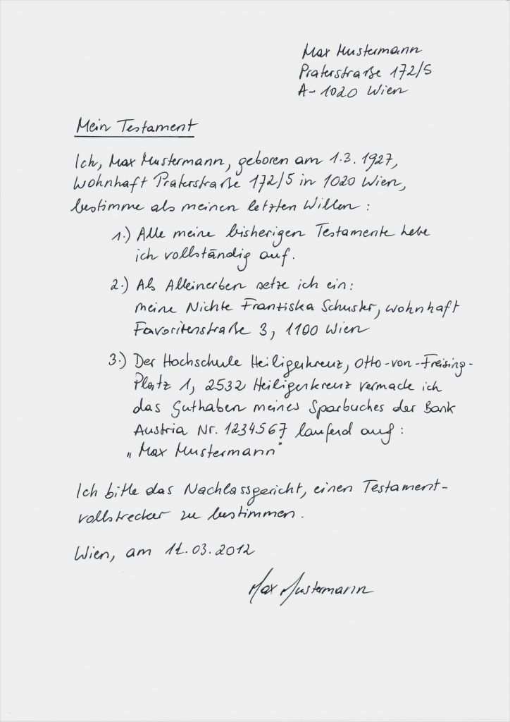 Testament Vorlage Alleinerbe Pdf Wunderbar Vorlage Testament Handschriftlich Beste Testament