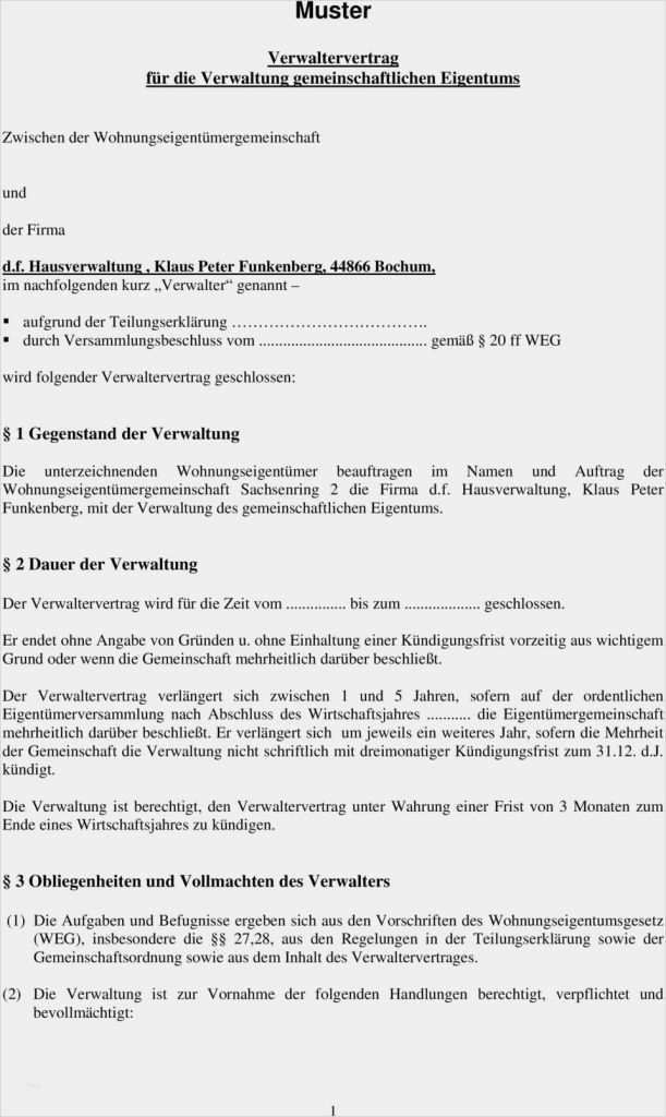 Verwaltungsvertrag Vorlage Süß Muster Verwaltervertrag Für Verwaltung