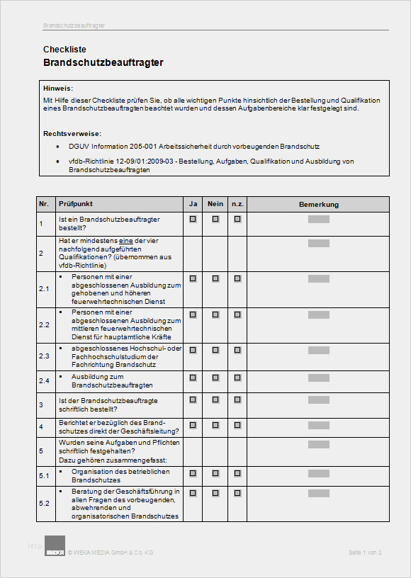 Vorlage Bestellung Brandschutzbeauftragter Schön Checkliste Brandschutzbeauftragter