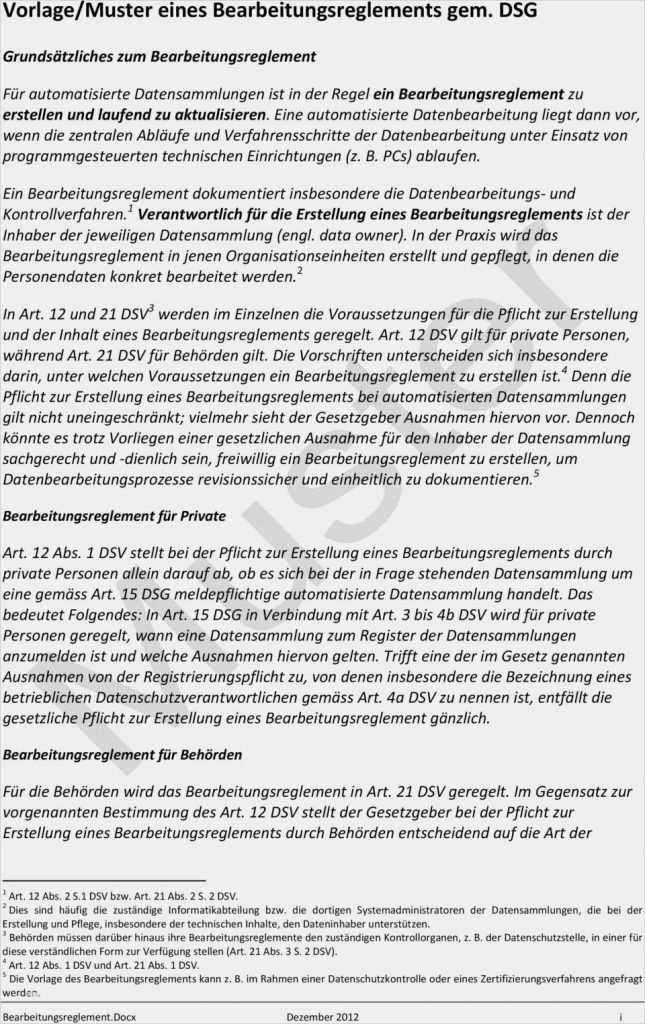 Vorlage Datenschutzverordnung Erstaunlich Vorlage Muster Eines Bearbeitungsreglements Gem Dsg Pdf
