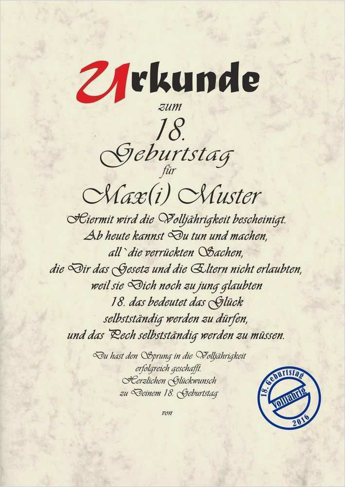 Vorlage Geburtstagskarte Text Wunderbar Ur0012 Urkunde 18 Geburtstag Karte Geburtstagskarte 18