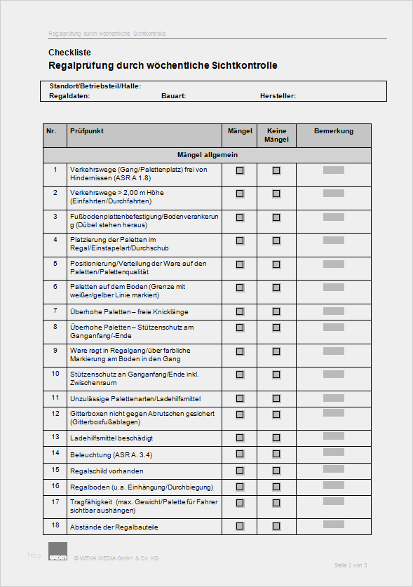 Vorlage Regalprüfung Protokoll Schön Checkliste Regalprüfung Durch Wöchentliche Sichtkontrolle
