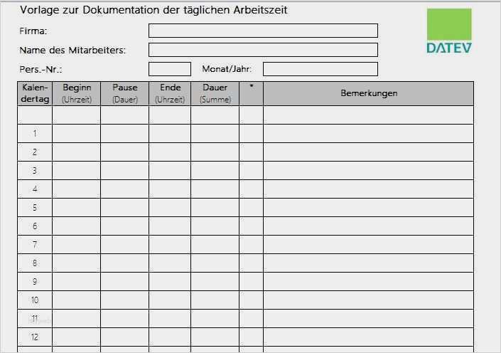 Word Vorlage Dokumentation Best Of Vorlage Zur Dokumentation Der Täglichen Arbeitszeit Datev