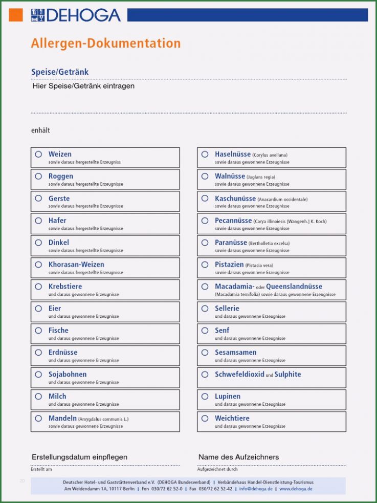 Allergene Kennzeichnungspflicht Vorlage Erstaunlich formblatt Allergeninformation Allergene