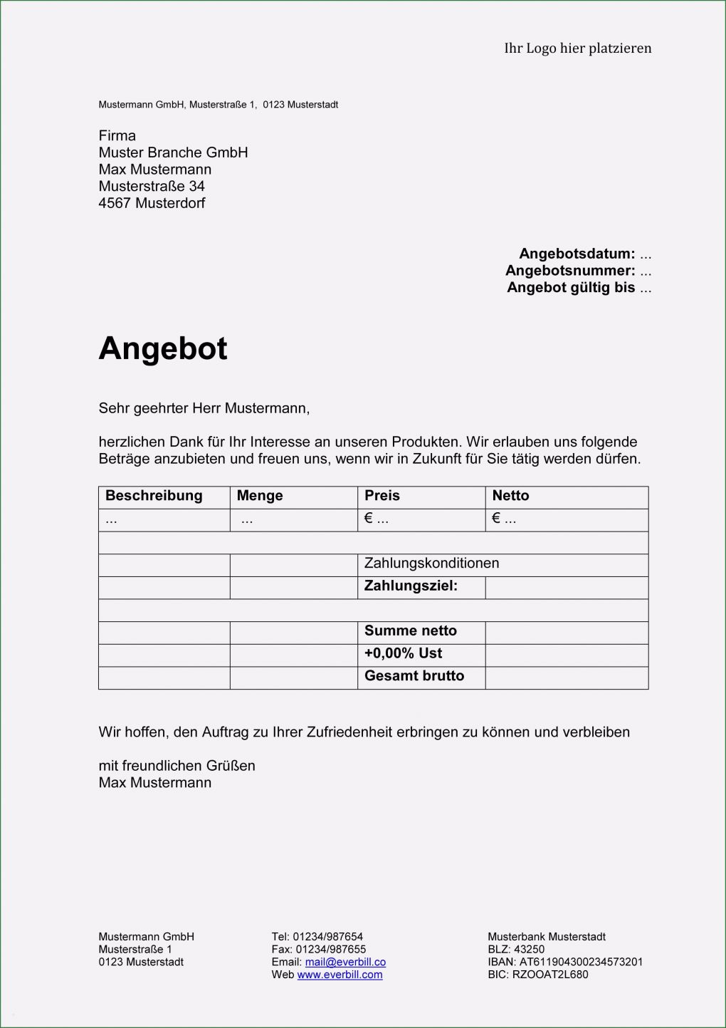 Angebot Beispiel Vorlage Erstaunlich Angebot Muster In Word Kostenlos Herunterladen