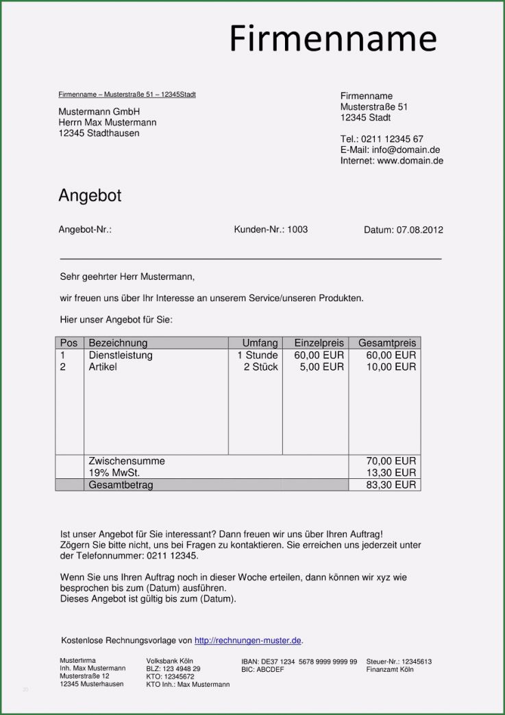 Angebot Vorlage Doc Gut Angebot Vorlagen Kostenlos En