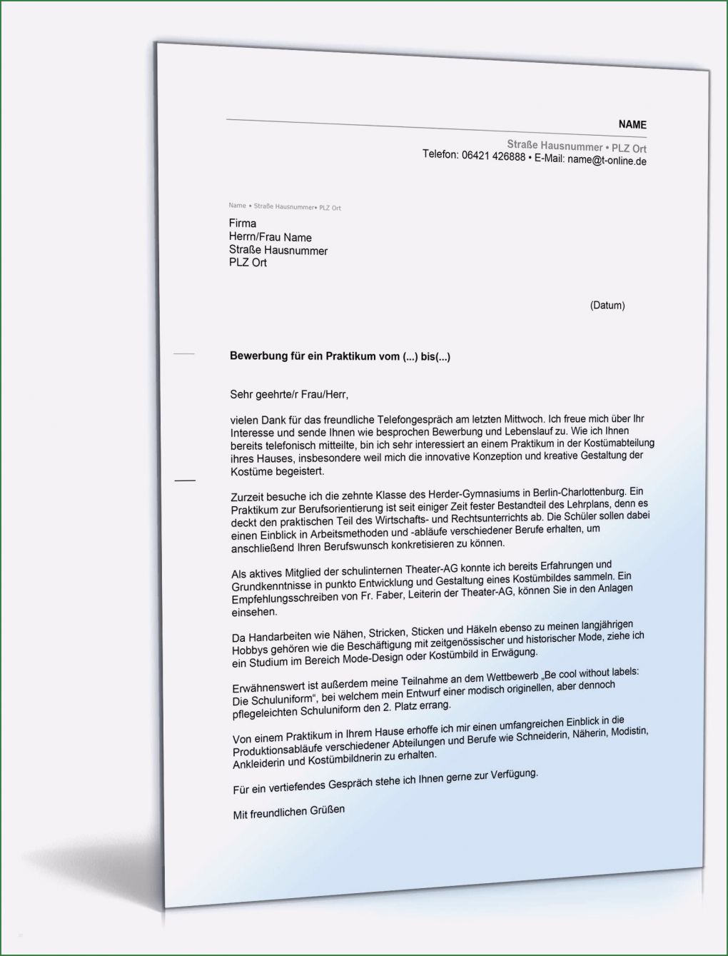 Anschreiben Bewerbung Praktikum Vorlage Großartig Anschreiben Bewerbung Praktikum theater