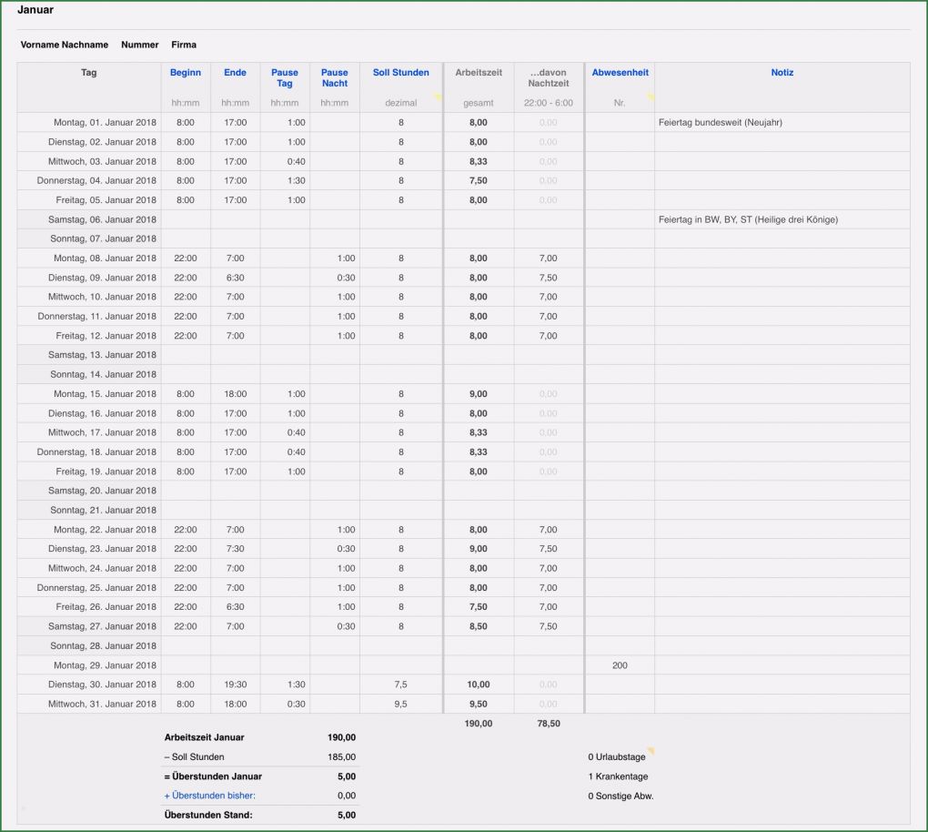 Arbeitszeitnachweis Vorlage 2018 Erstaunlich Numbers Vorlage Zeiterfassung Arbeitszeit 2018