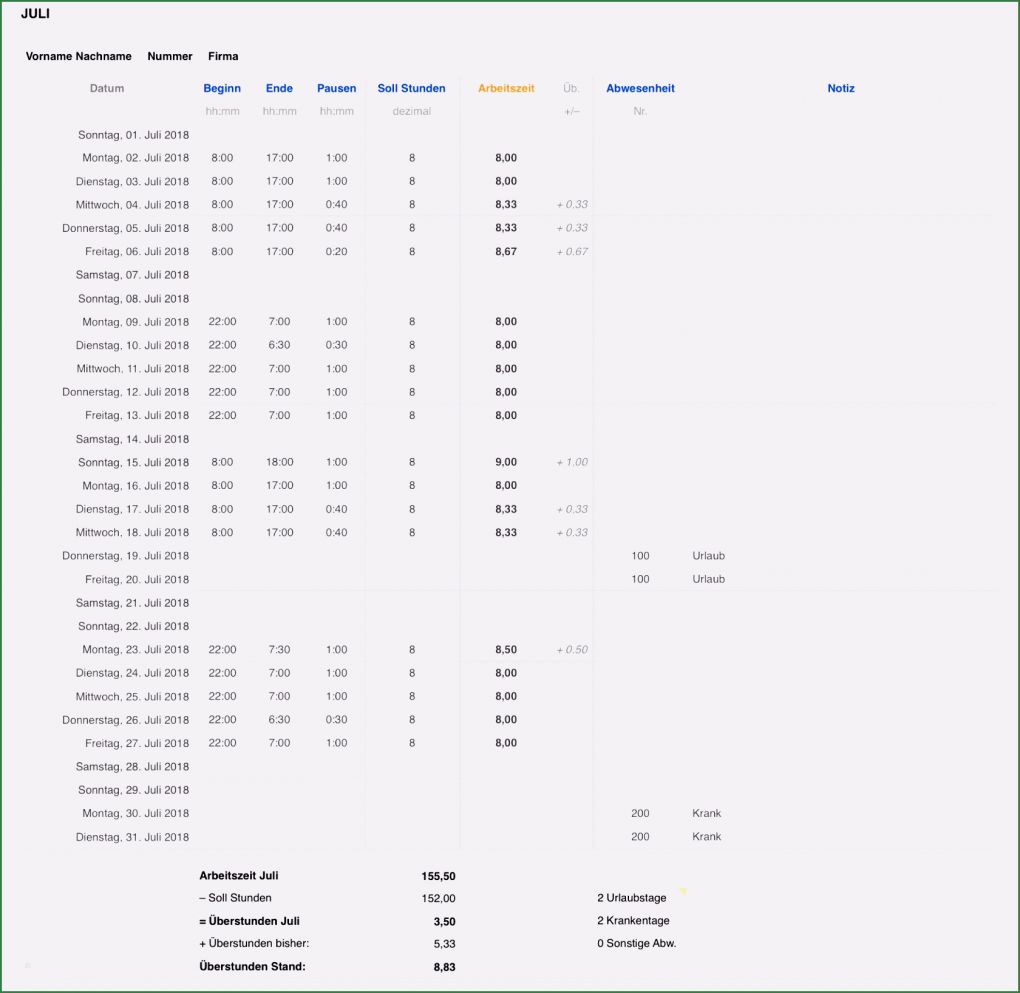 Arbeitszeitnachweis Vorlage 2018 Inspiration 6 Arbeitszeitnachweis Vorlage Kostenlos 2018
