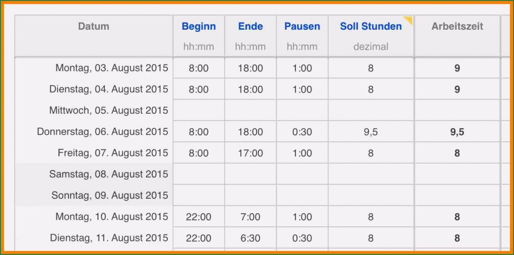Arbeitszeitnachweis Vorlage 2018 Inspiration 8 Vorlage Arbeitszeitnachweis