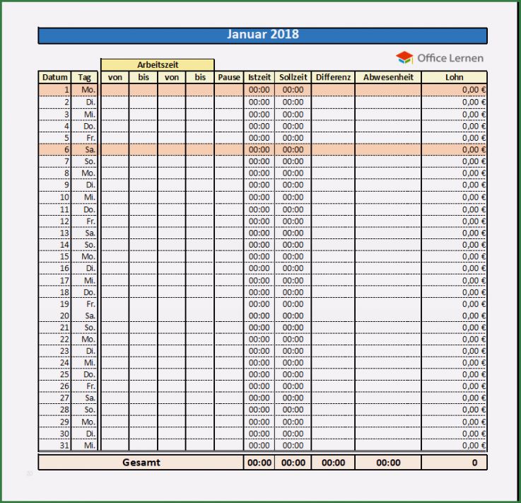 Arbeitszeitnachweis Vorlage 2018 Wunderbar Excel Arbeitszeitnachweis Vorlagen 2018