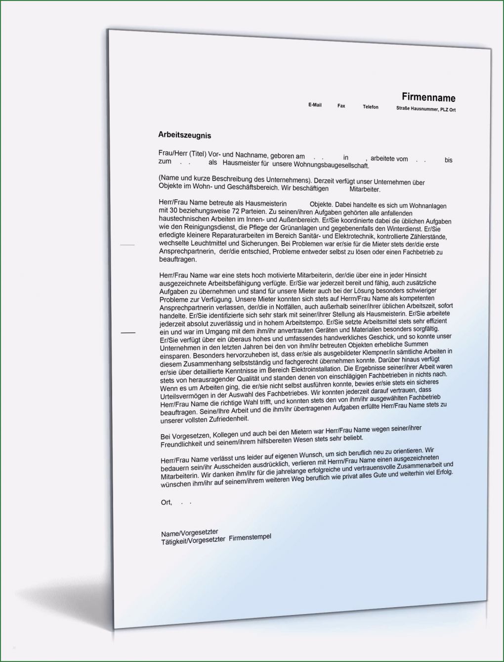 Arbeitszeugnis Vorlage Download Einzigartig Arbeitszeugnis Hausmeister Note Eins