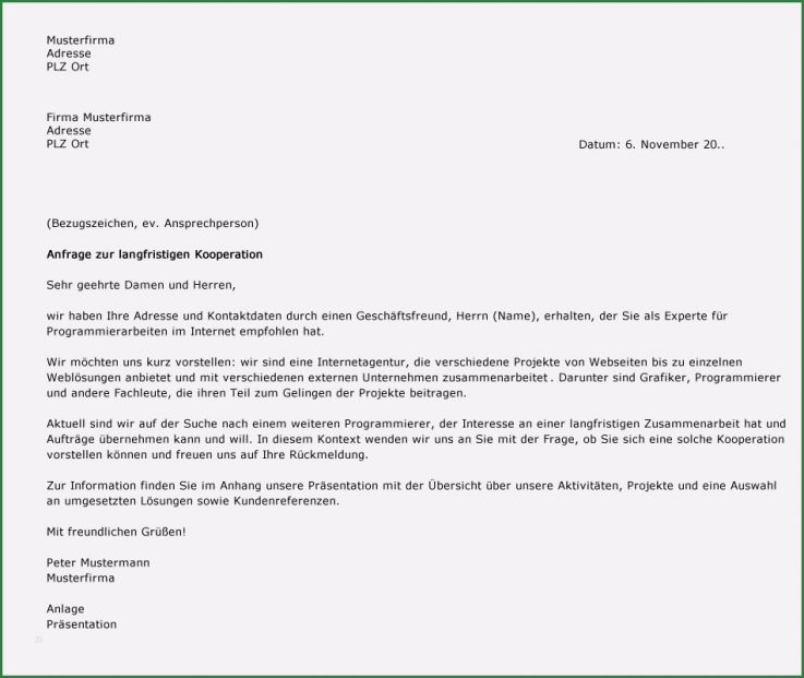 Auftragsanfrage Vorlage Neu Musterbrief Anfrage Für Kooperation Kooperationsanfrage