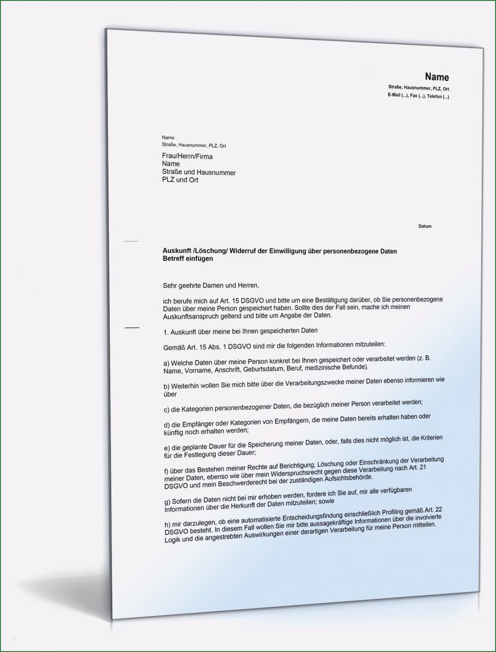 Auskunft Personenbezogene Daten Vorlage Dsgvo Schön Auskunftsersuchen Und Widerruf Personenbezogene Daten