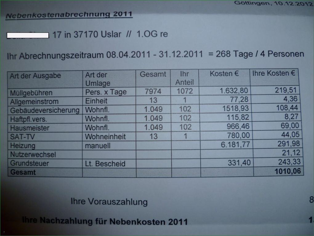 Betriebskosten Vorlage Einzigartig Nebenkostenabrechnung