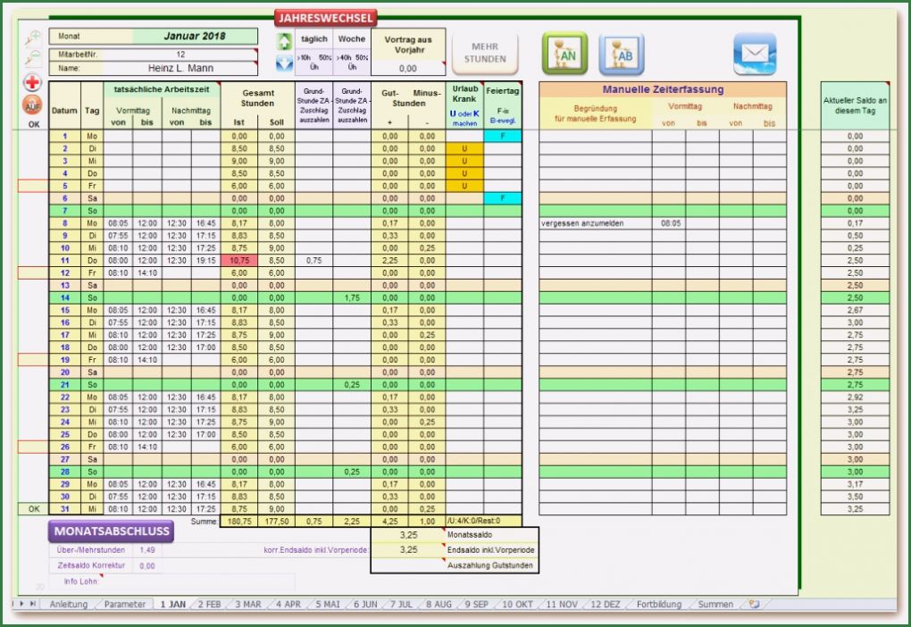 Excel überstunden Berechnen Vorlage Cool Zeiterfassung Excel