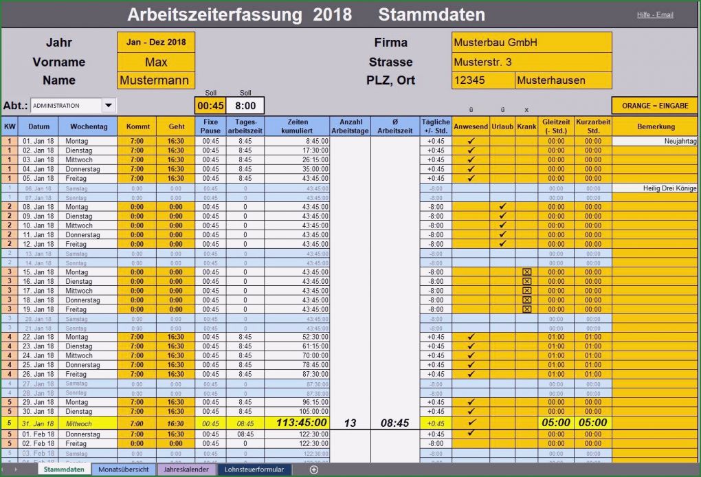 Excel überstunden Berechnen Vorlage Genial Excel Tabelle Arbeitszeiterfassung Kostenlos Innerhalb