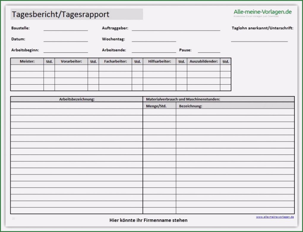 Kostenlose Vorlage Untermietvertrag Bewundernswert Tagesbericht Tagesrapport Die Kostenlose Vorlage
