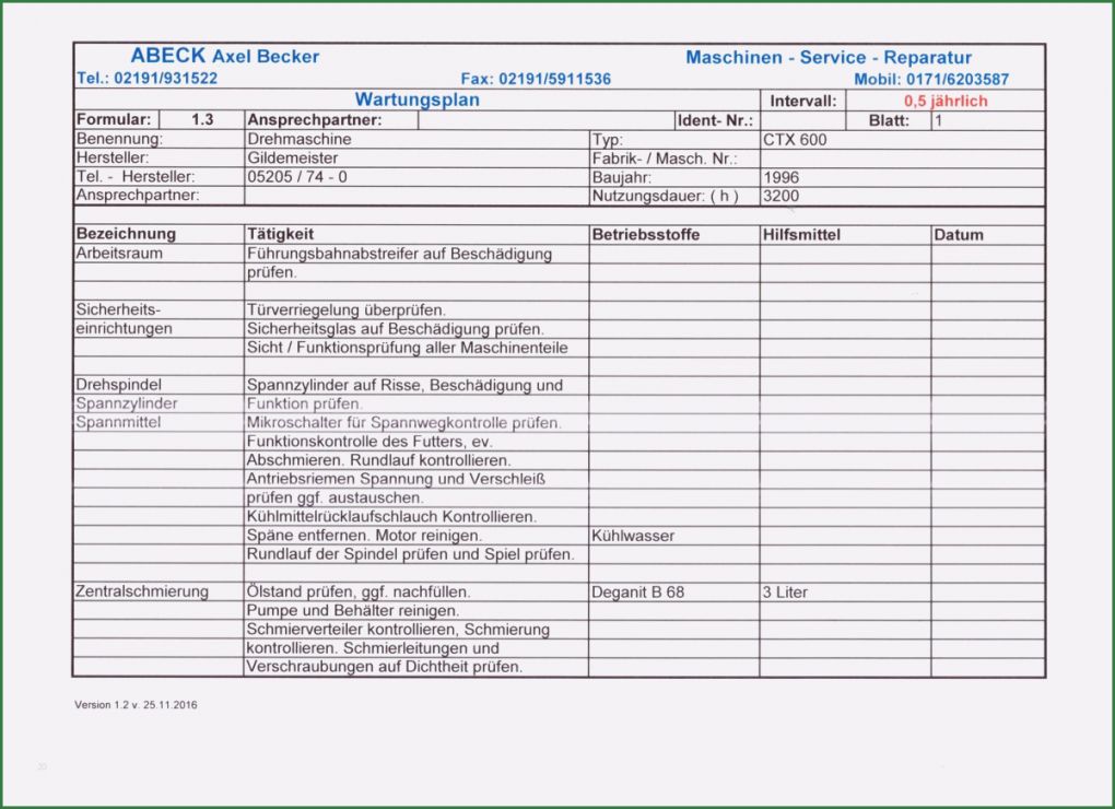 Maschinen Wartungsplan Vorlage Kostenlos Elegant 2 Genial Wartungsplan Vorlage Excel Kreatives Muster
