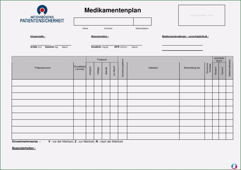 Medikamentenplan Vorlage Word Gut Medikamentenplan Pdf Word Zum Ausdrucken