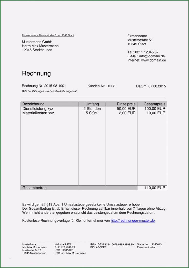 Muster Vorlage Rechnung Kleinunternehmer Wunderbar Kleinunternehmer Rechnung Rechnungsvorlagen Für