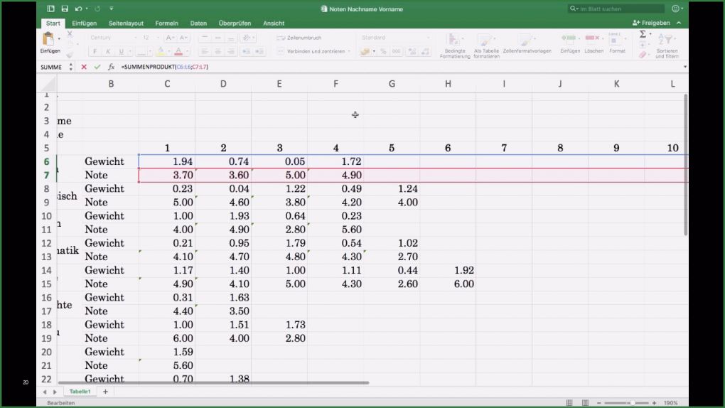 Notentabelle Excel Vorlage Neu Mac Excel 2016 Noten Mit Gewichtung Berechnen