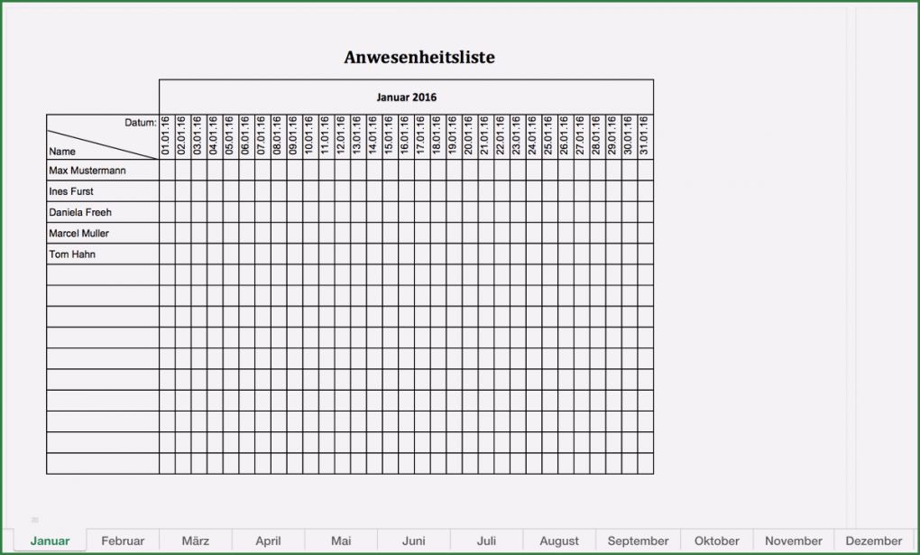 Notentabelle Excel Vorlage Wunderbar Anwesenheitsliste 2016