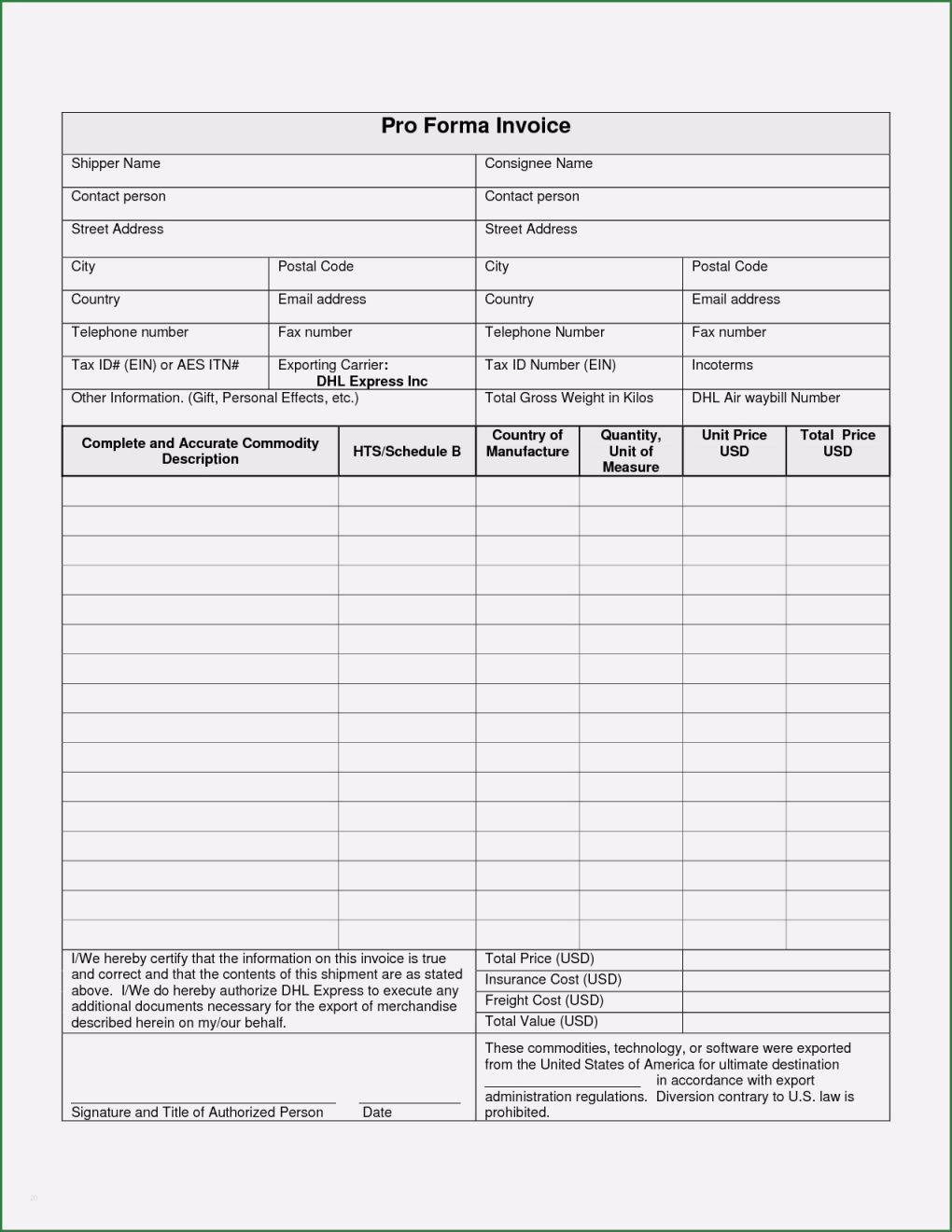 Proforma Invoice Vorlage Cool Dhl Pro forma Invoice Invoice Template Ideas