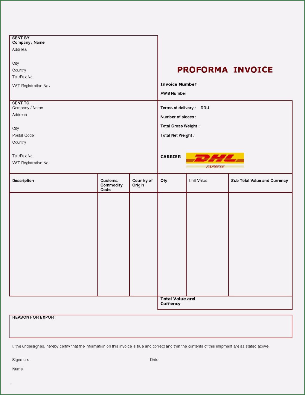 Proforma Invoice Vorlage Gut Dhl Proforma Invoice Template Invoice Template Free 2016